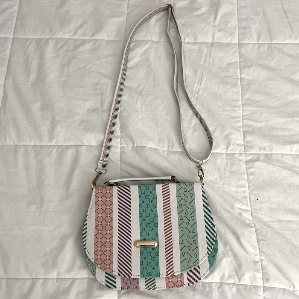 NWOT Multicolor Purse - Adjustable Strap - White, Red, Green, and Purple Pattern